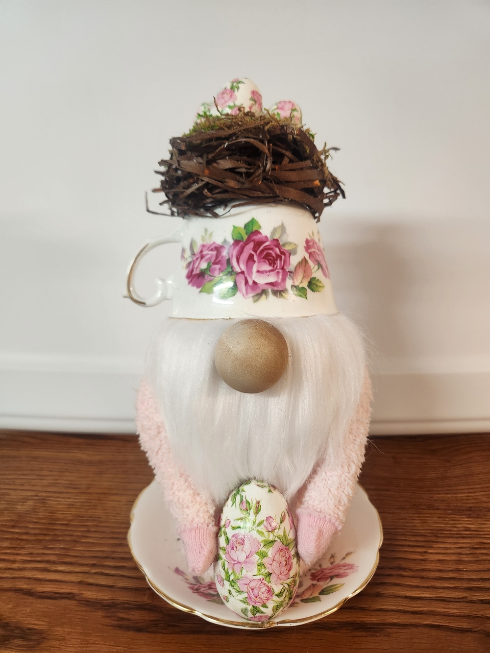 Handmade Pink Easter Floral Teacup Gnome Decorative Accent